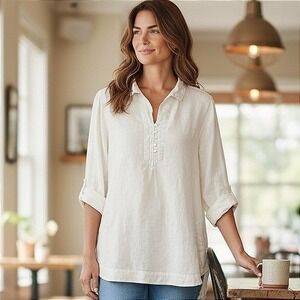 J Jill Love Linen Shirt White Collared Roll Tab Sleeve Casual Women's Top Size L